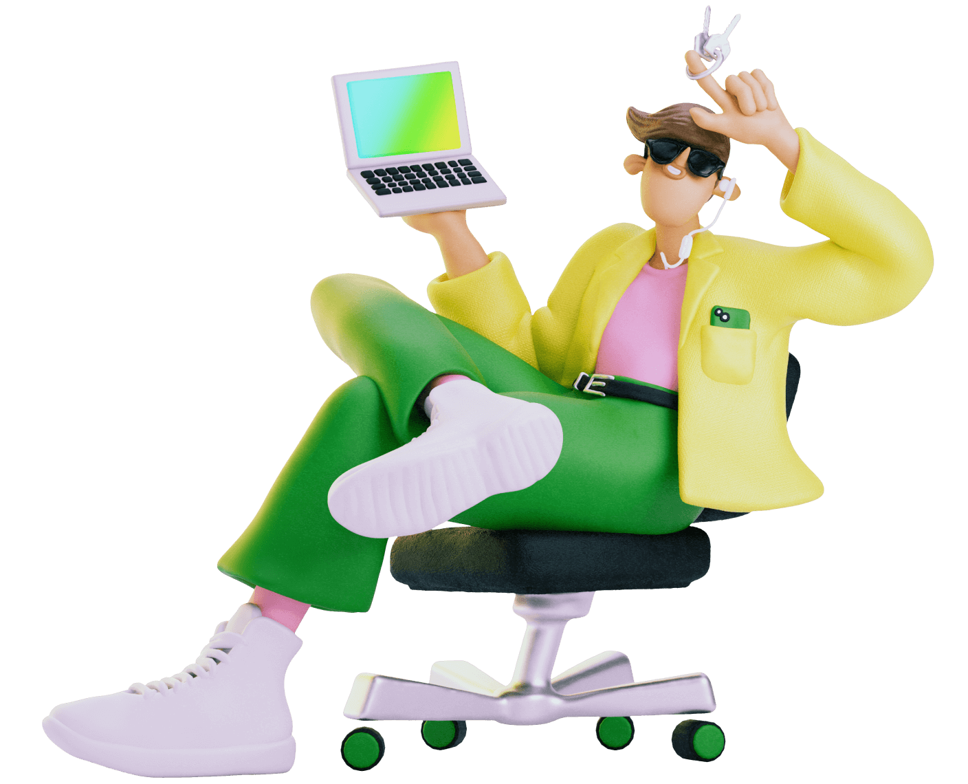 A stylish 3D character holding a laptop